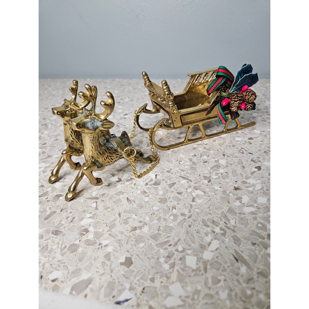 Unbranded Brass Reindeer Sleigh Figurine Gold Christmas Holiday Decor